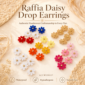 Raffia Daisy Drop Earrings | Stainless Steel 18K PVD Gold Plated Boho <b>Braided</b> Tiered Flower Design Zircon | Waterproof Tarnish - Product Image 1