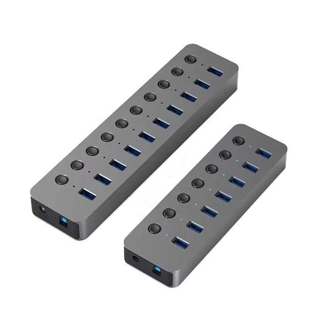 10-Port USB 3.0 5Gbps Aluminum Alloy Hub with On/Off Individual Switch Fast Charging & Data Transfer Support for PC Laptop Stock