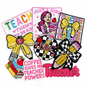 Parches Bordados de Lentejuelas con Diseño de Lápiz y Lazo para Profesores, Apliques Termoadhesivos de Chenilla para el Regreso a Clases, Regalo de Agradecimiento para Maestros - Product Image 1