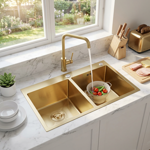 Évier double professionnel pour chef 780x480mm |   AW-7848A 201 SS Évier sous plan, PVD 3 couleurs, poste de travail à double vasque - Product Image 1
