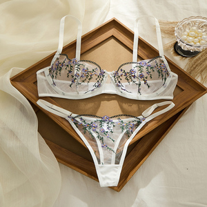Luxury White Mesh <strong>Lingerie</strong> <strong>Set</strong> Elegant <strong>Purple</strong> Flower Embroidery Bra and Thong <strong>Set</strong> Ladies See Through Sexy Underwear - Product Image 6