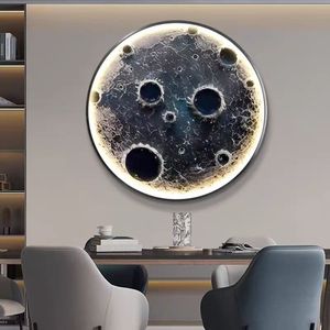 Quadro da parete moderno con design a <span class=keywords><strong>luna</strong></span>, cornice rotonda in lega di alluminio, luce LED, personalizzabile, pittura a cristalli di porcellana ad acquerello. - Product Image 1
