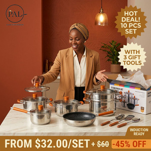 Set Peralatan Masak Stainless Steel Modern 10 Buah dengan Pengukus Dua Lapis, Wajan Goreng, Gagang Kayu Beech untuk Dapur Rumah dan Koki - Product Image 1