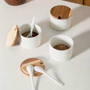 Ceramic Spice <b>Jars</b> <b>With</b> Wooden <b>Lids</b> And Spoons For Kitchen Seasoning Storage 3Pc Set - Product Image 1