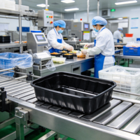 Boîte alimentaire rectangulaire noire jetable en PP avec nervures latérales renforcées pour une utilisation durable