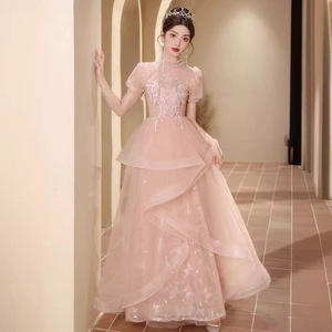 Pink Ball Gown Evening Dress Empire Waist High Neck 3D Stereoscopic Patterns Candy Color For Banquets And Coming Of Age Ceremony - Product Image 4