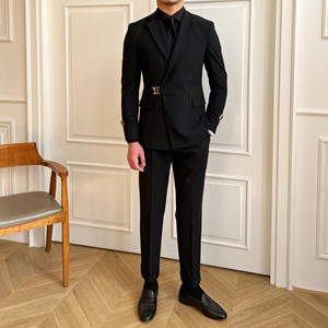 2025 costume d'affaires mince pour hommes en noir de haute qualité messieurs tenue de Banquet de mariage revers cranté Double évents bouton braguette pantalon - Product Image 1