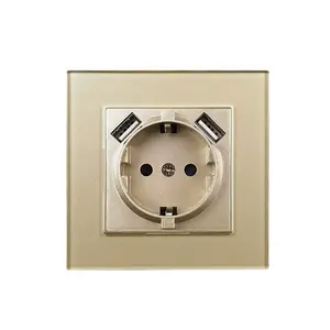 EU Euro Power socket with usb charging for home 2 Usb plug 5V 2.1A Gold Glass Panel 86*86mm Usb wall socket 16A Outlet