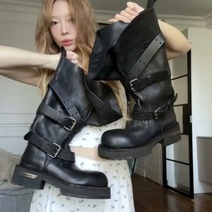 Bottes de travail YX Paris <span class=keywords><strong>Venom</strong></span> pour femme, modèle 2025, hiver, imperméables, hauteur genou, style rétro moto, à bout large, couleur foncée - Product Image 2