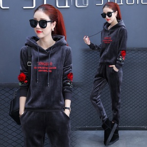 Versione coreana di abito <span class=keywords><strong>in</strong></span> <span class=keywords><strong>velluto</strong></span> dorato da <span class=keywords><strong>donna</strong></span> primavera e autunno nuovi pantaloni con cappotto ricamato sport a due pezzi per il tempo libero - Product Image 3