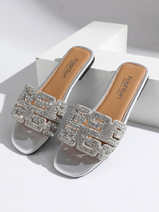 Women One Strap Rhinestone Flat Slippers Summer Casual Beach <b>Slides</b> <b>Large</b> Size Fashion Outdoor Sandals - Product Image 4