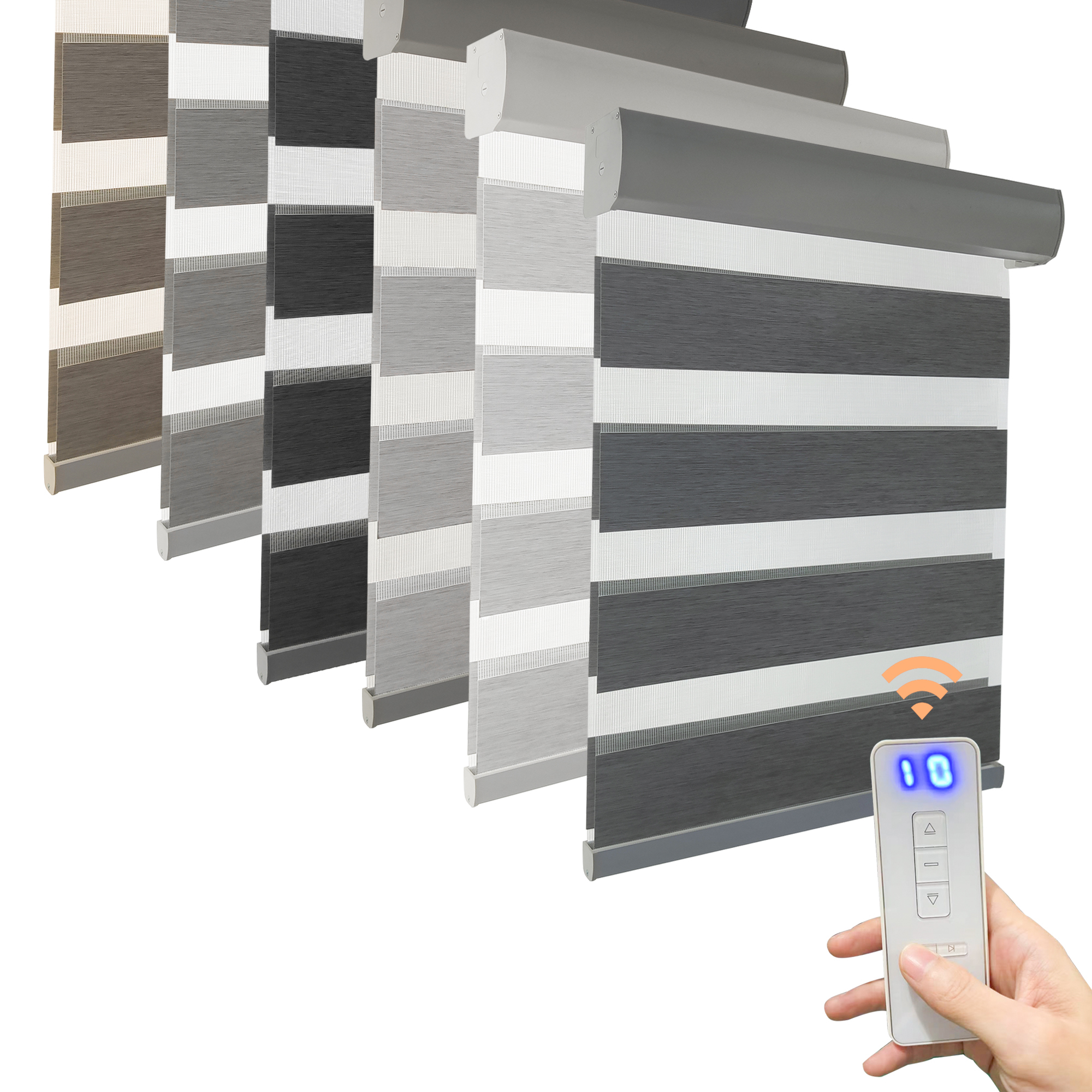 Оптовая продажа, моторизованные полосатые жалюзи, оконные роликовые шторы с двойным затенением, светонепроницаемые жалюзи