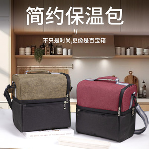 Insulated <b>Lunch</b> <b>Bag</b> Double Compartment Color Block Design For Outdoor Commuting Brown Wine Red Purple Gray Blue - Product Image 4