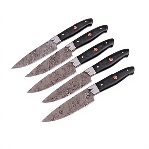 Juego de cuchillos para carne de acero de Damasco hechos a mano con mango de cuerno, filo biselado y espiga recta de 9 pulgadas, 3 años de garantía, OEM/ODM personalizable - Product Image 1