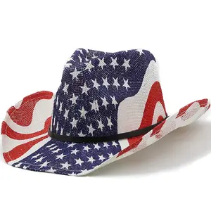 최고 판매 인쇄 미국 깃발 강한 카우보이 모자 사용자 정의 로고 서양 모양 종이 밀짚 카우보이 모자