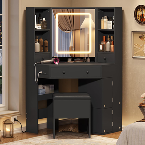 <strong>Corner</strong> Makeup <strong>Vanity</strong> Desk With Charging Station Lights Mirror and Storage Stool Makeup <strong>Table</strong> With Drawers Rotating Shelves Black - Product Image 3