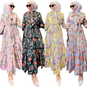 イスラム教徒の女性のための新しい控えめなヴィンテージフローラルプリントドレス刺繍フラウンススカート中東東南アジアマレーインドネシア