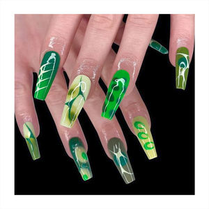 Faux ongles longs en forme de cercueil, printemps frais, couleur verte, motifs variés, longue durée, réutilisables, à presser - Product Image 1