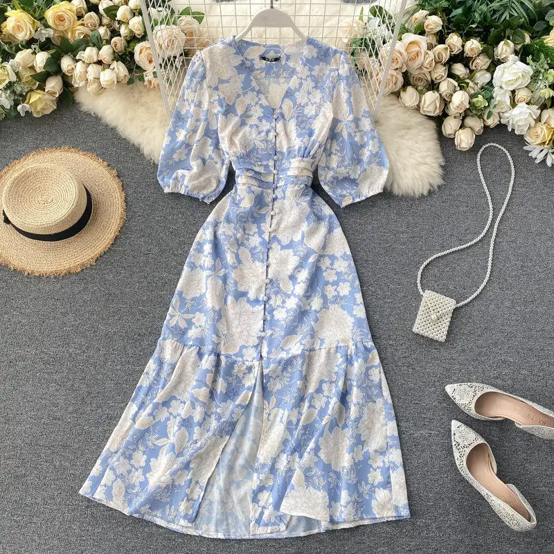 Tùy Chỉnh Womens Dresses Màu Xanh Phun Tay Áo Maxi Dress Phụ Nữ Hàng Ngày Dễ Thương Ăn Mặc Giản Dị Cho Phụ Nữ