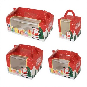 Boîte cadeau en papier rouge de Noël avec fenêtre et poignée, imprimé Père Noël, boîte d'emballage rigide pour bonbons et petits cadeaux - Product Image 2