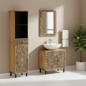 Juego de Muebles de Baño de Madera Maciza de Mango, 3 Piezas, Estilo Tradicional, Gabinete de Almacenamiento Resistente con Lavabo y Espejo - Product Image 2