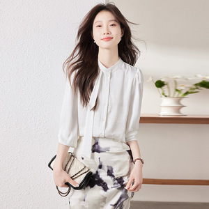 Women's Satin Long Sleeve Blouse Gray Solid Color Button Front Office Wear - Product Image 2