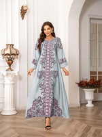 Robe longue maxi imprimée avec perles et strass, vert, gris, bleu, argent, pour femmes musulmanes, Abaya Kaftan, manches longues, en polyester, vente en gros, en stock