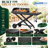 Chariot de barbecue pliable portable en acier noir avec roues, table de cuisson extérieure pour camping
