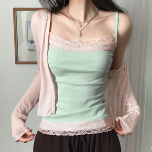 Sweet Mint Green Breathable Eco-Friendly <b>Patchwork</b> Lace Trim Sleeveless Knit Backless Sexy Women's Spaghetti Strap Cami <b>Top</b> - Product Image 3