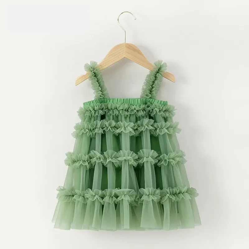 Meninas Lace Strap Dress Tutu Braces Pink Fruit Vestido Verde 2023 Verão New Baby Girls 'Cute Mesh Pengpeng Princess Dress