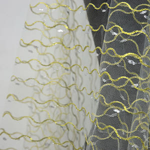 Kain Tulle Mesh Mewah dengan Motif Gelombang Emas Metalik dan Titik Perak untuk Dekorasi Gaun Pengantin, Rok, dan Lengan - Product Image 1