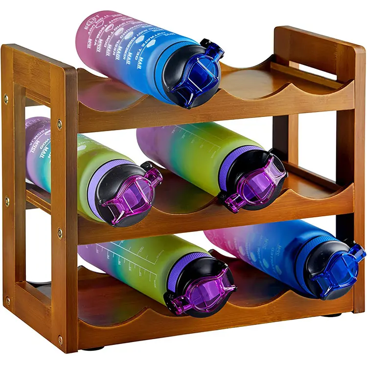 3-Tier Bamboo Water Bottle And Wine Organizer Rack 12 Freestanding Water Bottle Holder Water Cup Stand Storage Holder