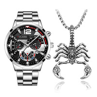 Set Jam Tangan dan Kalung Grosir untuk Pria, Tali Baja Anti Karat, Jam Bisnis Mewah, Jam Tangan Quartz Pria