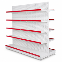 Étagère Gondole Robuste Double Face Blanc-Rouge Bicolore en Métal avec Panneau Perforé, Présentoir Commercial à 5 Niveaux, Étagère d'Îlot pour Supermarché
