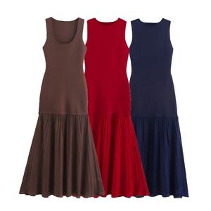 Robe longue en maille unie décontractée à col rond sans manches, taille naturelle, anti-statique, pour femme, idéale pour l'été - Product Image 1