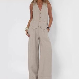 Conjunto de <span class=keywords><strong>chaleco</strong></span> de <span class=keywords><strong>lino</strong></span> y pantalones de pierna ancha para <span class=keywords><strong>mujer</strong></span>-Traje de viaje retro informal con múltiples colores - Product Image 1