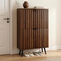 Meuble à chaussures moderne en noyer européen avec portes à lattes, 4 niveaux, pour entrée et salle à manger, design fin et peu encombrant, écologique