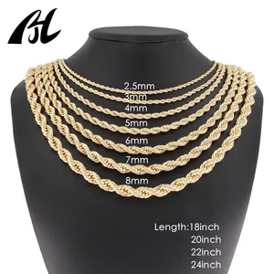 Wholesale Non Tarnish Waterproof 14k 18k Gold Plated 2.5mm 5mm 8mm Twisted Thick Rope Chain Necklace