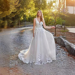 A-Line V-Neck Wedding Dress White Embroidered Organza Tulle Backless Train Natural Waistline JM366 - Product Image 1