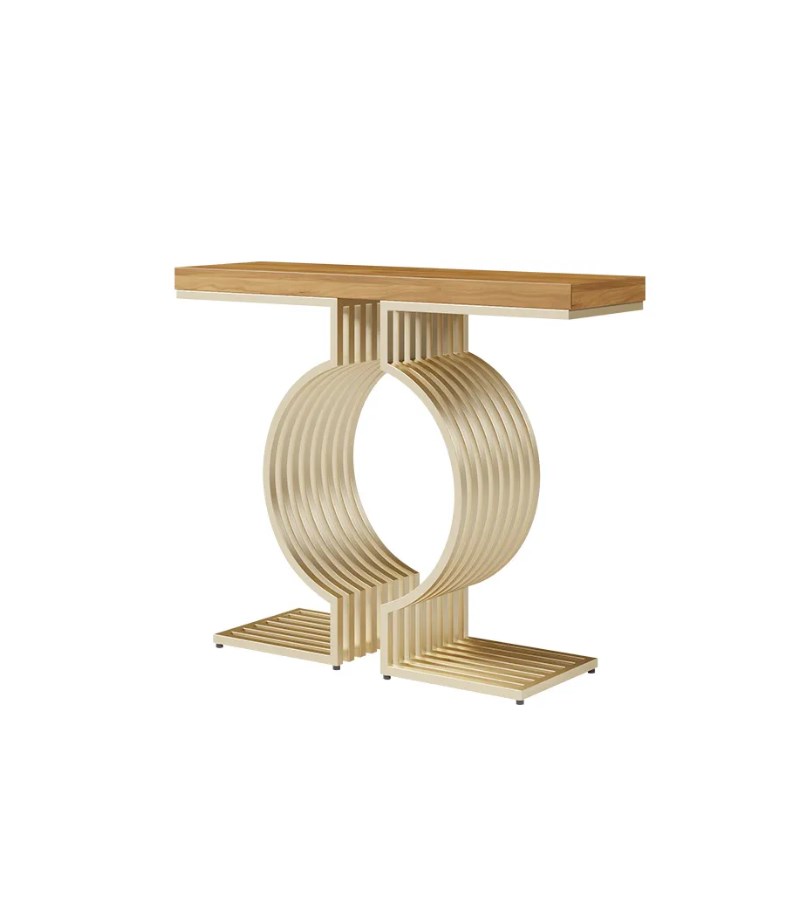 Modern narrow geometric metal base walnut entryway table console table