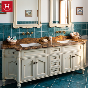 Meuble-lavabo double vasque classique français Happy Houses, sur mesure, blanc antique, en bois massif, avec plateau en marbre brun, pour villa et <span class=keywords><strong>maison</strong></span> - Product Image 1