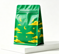 Sacs à café vides personnalisés imprimés en couleur avec logo et motif sur mesure, fond plat, fermeture éclair et valve de dégazage unidirectionnelle