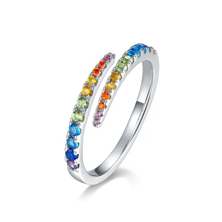 Classic Curved Designs Colorful Cubic Zirconia CZ Rings Summer Cute Resizable 925 Silver Jewelry Women Rainbow Ring Adjustable