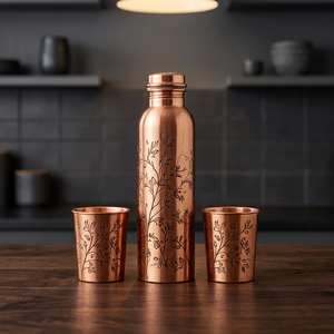 Elegante Juego de Botella de Agua de Cobre con 2 Tazas, Grabado Floral, Portátil, con Tapa, para el Hogar - Product Image 1