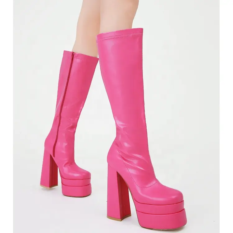 2022 Autumn Winter Wholesale Chunky Heels Side Zipper Square Toe Solid Color Fashion Knee Boots Women Shoes