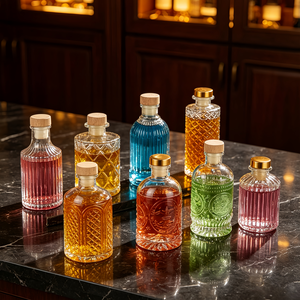 Bouteille en verre gaufré rétro vide <span class=keywords><strong>de</strong></span> 100 ml, 150 ml, 160 ml, 180 ml, 220 ml, 250 ml pour boissons, jus, liqueurs, whisky, vin avec bouchon en <span class=keywords><strong>bois</strong></span> - Product Image 4