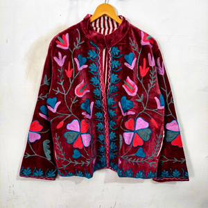 Red Velvet Suzani Jacket Handmade Full Sleeve Autumn <b>Women's</b> <b>Coat</b> Floral Embroidered Jacket <b>Coat</b> - Product Image 1