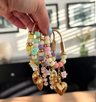 Porte-clés breloque de sac fait main en perles pastel, pendentif cœur doré, perle de cristal étoile, pour femme, décoration de sac à main, cadeau