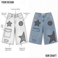 Celana Pendek Denim Pria 14oz Model Straight Leg Custom, Aksen Patchwork Bintang, Efek Acid Wash, Baggy, Bernapas, Cocok untuk Musim Panas, Streetwear, Cargo, Produsen OEM