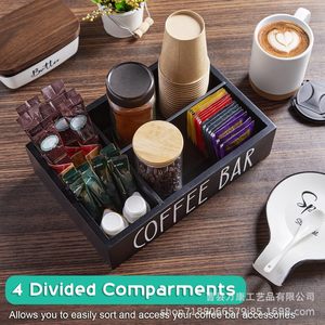 Boîte de rangement pour bar à café, organisateur de bureau en bois pour grains de café, sachets de thé, tasses, pailles avec compartiments, noir et blanc - Product Image 3